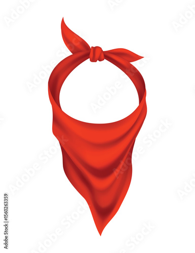 Red realistic bandana on neck. Youth fashion neck scarf or cowboy garment element template. Biker face scarf, bandanna neck shawl. Blank handkerchief unisex uniform. Western clothes