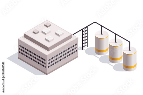 Factory isometric. Industrial bulding. Concept of industrial plant with chimney tower. 3d isolated icon. Architecture of manufacture house. Vector cartoon illustration