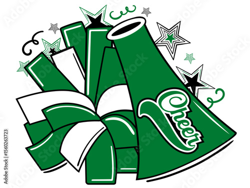 Cheerleader illustration, Green and White pom-poms, megaphone. Vector cheerleading illustration.