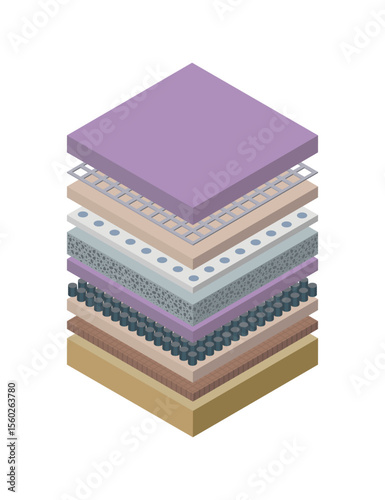 Layered orthopedic mattress icon. Isometric bed section layers. Fabric breathable material, structure for correct sleeping position. Soft filler, comfort synthetic fiber