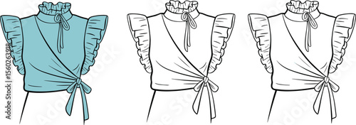 Stylish women's ruffle sleeve blouse with tie front detail, flat fashion sketch, vector template, elegant top design illustration

 flat vector illustration