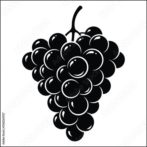 Illustration of a black and white bunch of grapes with a stem and a subtle white highlight