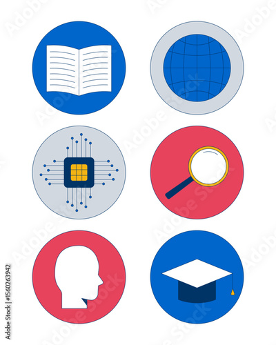 Education and technology 2D cartoon round stickers objects set. Reading, globe, AI chip, loupe, graduation cap isolated circle elements flat vector clip arts on white. Spot illustrations collection