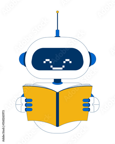 Smiling robot holding open book 2D cartoon character. Artificial intelligence, education. Pixelated robotic technology reading flat vector personage isolated on white. Spot illustration colorful