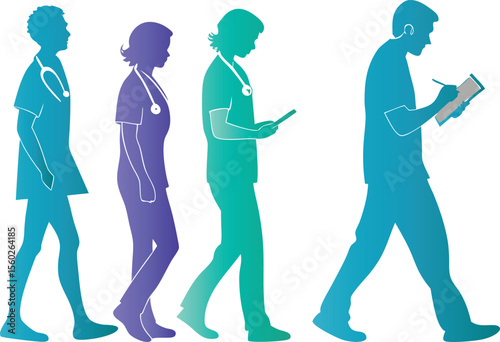Medical professionals walking with stethoscopes and clipboard healthcare doctors