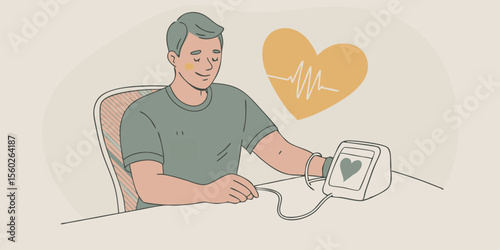 Man Checking Blood Pressure with Home Device Promoting Heart Health and Wellness with Calm and Focused Approach to Healthcare