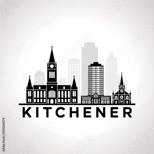 Kitchener Skyline Silhouette — Ontario Urban Cityscape with Historic and Modern Architecture Vector Illustration