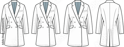  Technical flat sketch of women’s double breasted long blazer coat with lapel collar, button detail, front and back view illustration

flat vector illustration