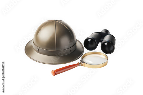 Safari explorer equipment including pith helmet binoculars and magnifying glass