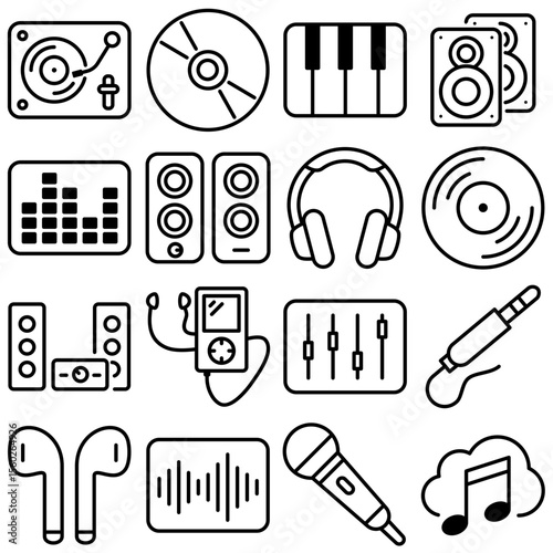 Audio Devices and Music Icon Set Outline Style