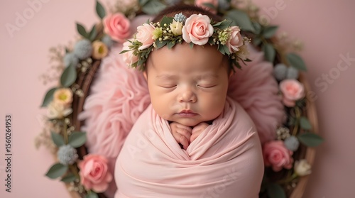 Baby girl in pink diaper with wreath on her head. Newborn baby girl in pink recliner with flowers.