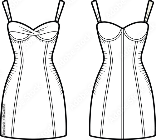 Women's bodycon dress technical flat sketch, front and back view, fashion design template, fitted dress illustration, garment vector drawing

 flat vector illustration