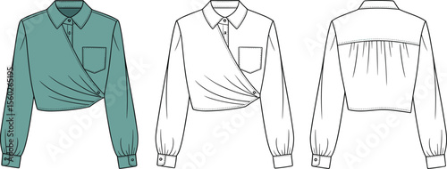 Women's fashion flat sketch of asymmetrical draped cropped shirt with long sleeves, pocket, collar design, vector garment illustration template

 flat vector illustration