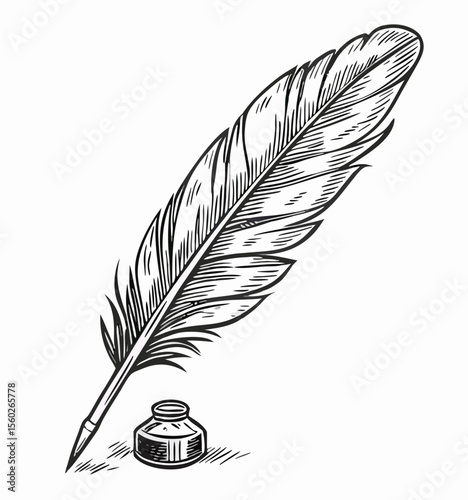 Vintage Quill Pen and Inkwell: Hand-Drawn Illustration