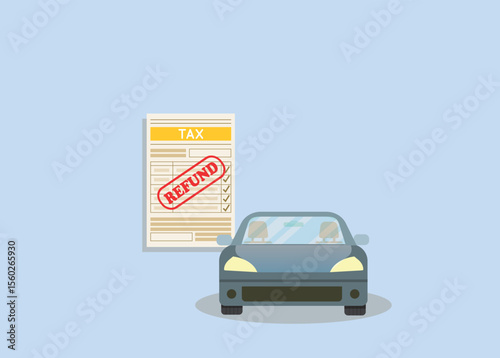 Blu car with refund tax bill.Tax return car export.Vector illustration
