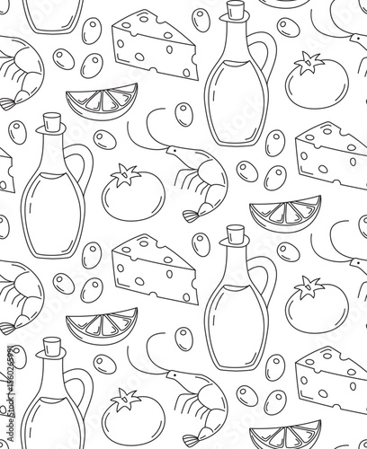 Gastronomic pattern with doodle elements. Seamless background with italian food