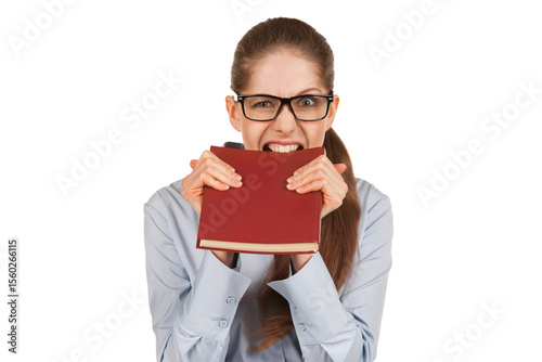 Girl biting teeth in the book cover.