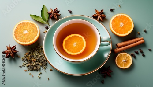 a cup of herbal tea features vibrant orange slices and aromatic spices arranged beautifully on a soft pastel surface