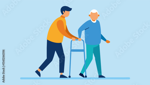 A man with Parkinsons disease being supported by his home health aide as he practices walking with a walker.. Vector illustration