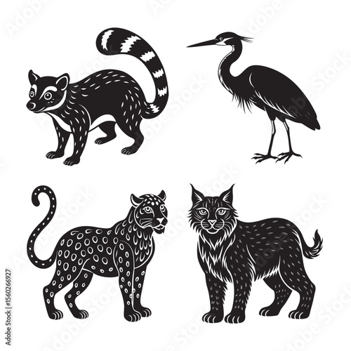 silhouettes of funny animal anteater, heron,armadillo, chaeta tiger set bundle on the white background