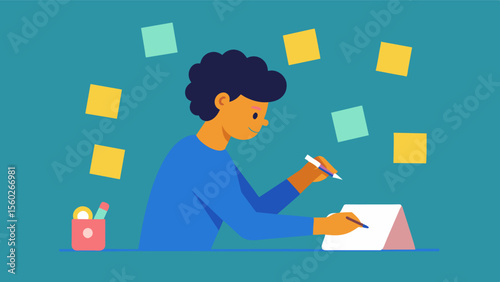 A person writing positive affirmations on sticky notes and placing them around their workspace reminding themselves to stay optimistic throughout the day.. Vector illustration