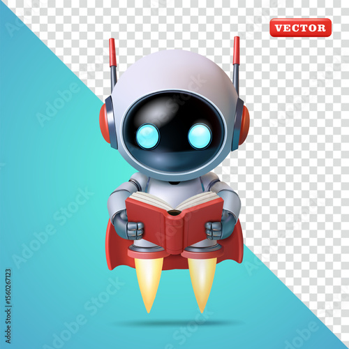 Cute flying robot reading a book, 3d vector. Suitable for technology and business