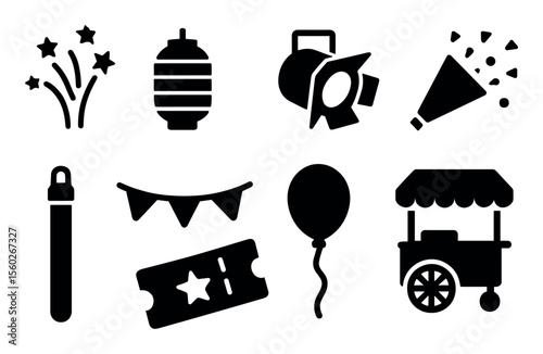 Party celebration solid icon set. festive, event decorations solid collection
