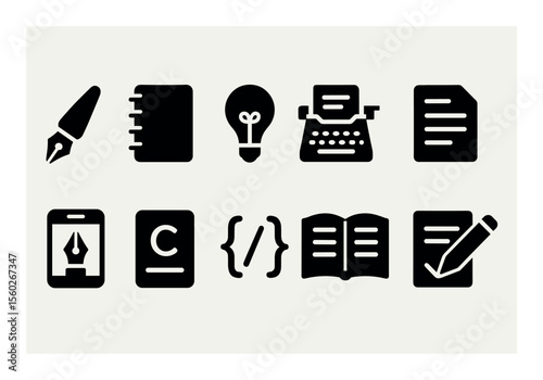 Writing and office silhouette icon set. essential stationery tool collection