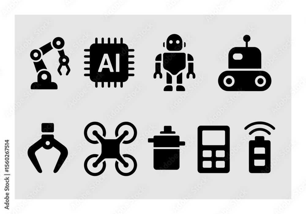 Robotics and ai solid icon set. technology, automation, innovation symbols Robotics and ai solid icon set. technology, automation, innovation symbols