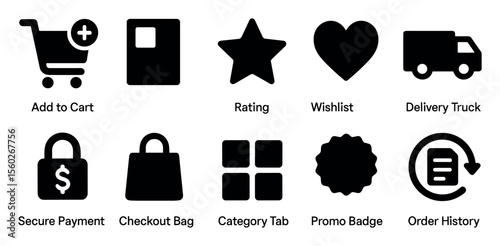 E-commerce, shopping solid icon set. cart, payment, delivery symbols in solid design