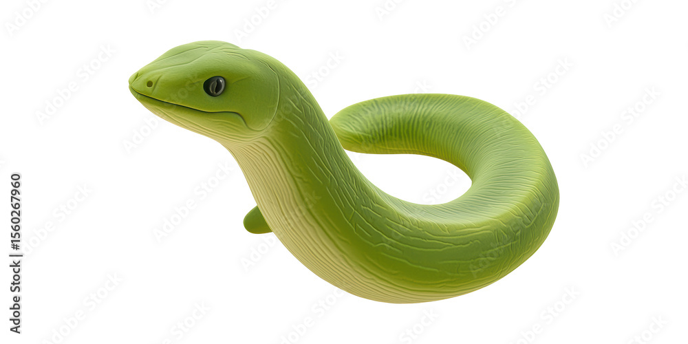 Fototapeta premium Green Rubber Snake Toy. Children'S Plaything And Educational Tool Isolated On Transparent Background