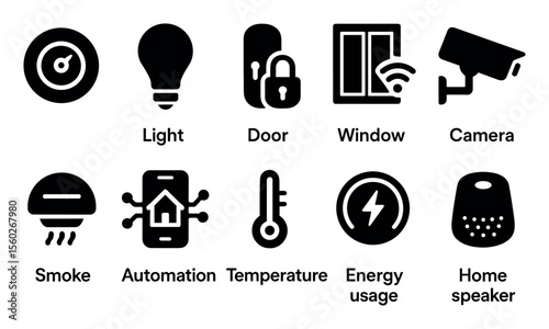 Home automation solid icon set: security, energy, and smart devices collection