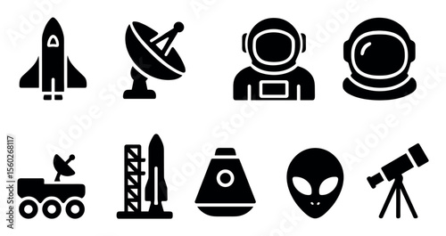 Space exploration filled icon set: rockets, satellites, astronauts, aliens, telescopes
