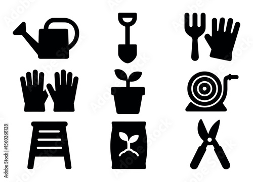 Gardening tools silhouette icon set. essential garden equipment in black shapes