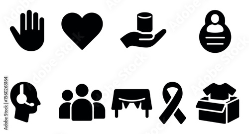 Charity, community solid icon set. volunteer, donation icons solid collection
