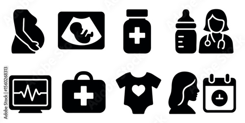 Healthcare, pregnancy solid icon set. medical, maternity, doctor tools in solid style