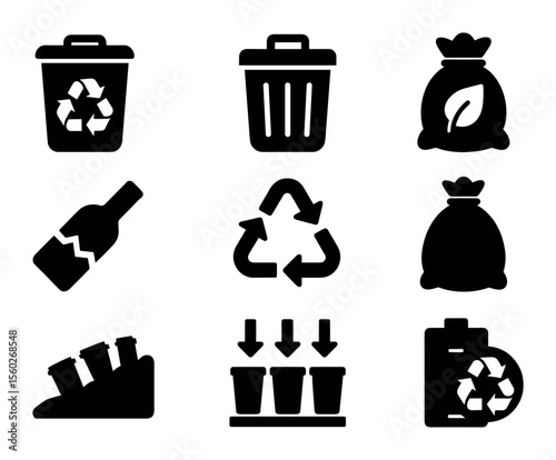 Recycling and waste management solid icon set. eco-friendly, sustainability symbols