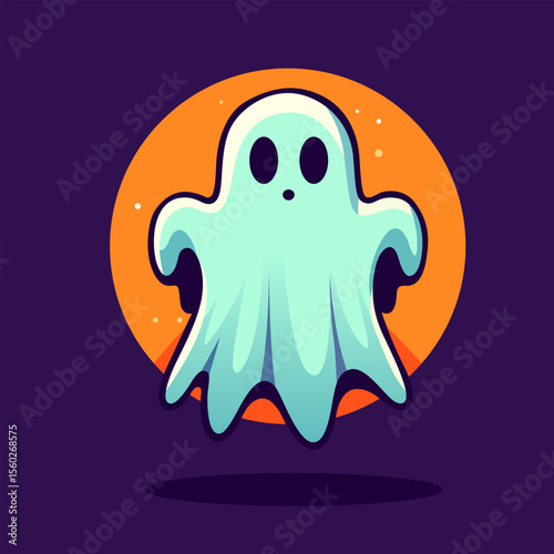 Ghost cartoon character. Funny spirit. Friendly ghost. Spooky phantom. Happy Halloween greeting card with ghost. Cartoon ghosted spirit. Cute ghost. Ghost icon. Halloween design vector illustration