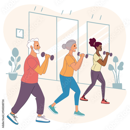 Three older adults exercising with dumbbells in a fitness studio with mirrors and potted plants nearby