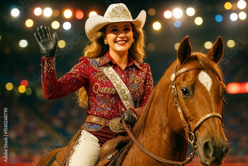 Rodeo queen waves to the crowd during an evening performance at the local arena showcasing talented riders and vibrant festivities