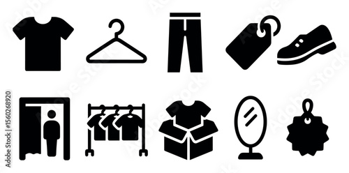 Fashion, clothing solid icon set. apparel, shopping, retail icons with hanging rack