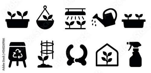 Gardening, plant care solid icon set. eco-friendly gardening tools collection