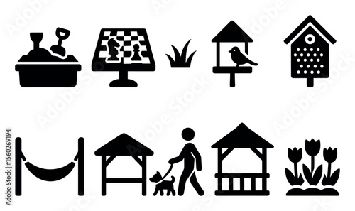 Gardening and leisure solid icon set. outdoor, backyard activities visuals