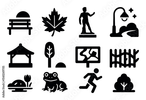 Nature and park solid icon set. bench, leaf, statue, park icons in solid style