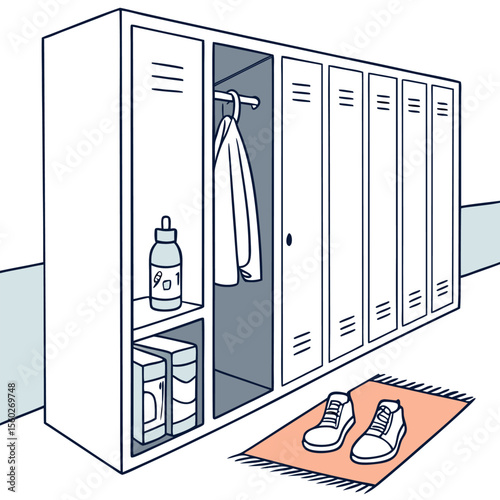 Illustration of lockers with a water bottle books towel and shoes on a rug in a locker room setting