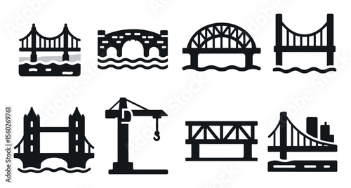 Bridge construction silhouette icon set. infrastructure, architecture silhouette collection