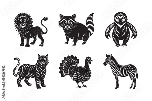 silhouette of black funny animal lion, tiger, sloth, turkey ,zebra set bundle on the white background  