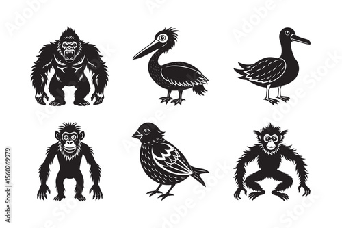 silhouette of black funny animal gibbon, gorilla  ,lemur , set bundle on the white background  