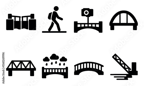 Bridges and walkways silhouette icon set. architecture, structure, pathway symbols
