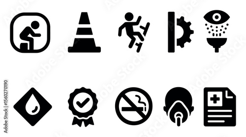 Safety and warning solid icon set. caution, hazard symbols collection for alerts